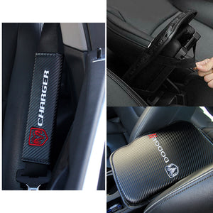 DODGE Charger Set Armrest Cushion Center Console Cover Pad Mat with Seat Belt Cover Carbon Fiber Look