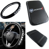 DODGE RAM Set Black 15" Diameter Car Auto Steering Wheel Cover Quality Leather with Center Console Armrest Cushion Mat Pad Cover