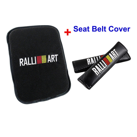 JDM Ralliart Set Black Car Center Console Armrest Fleece Cushion Mat Pad Seat Belt Cover Combo