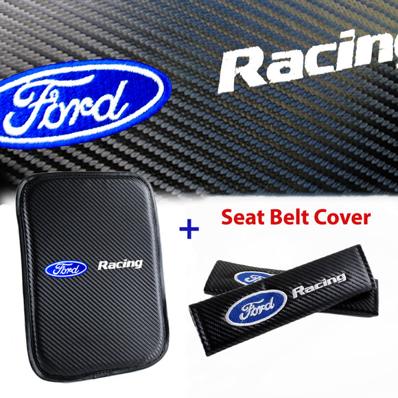 FORD RACING Set Embroidered Armrest Cushion with Seat Belt Cover Carbon Fiber Look Center Console Cover Pad Mat
