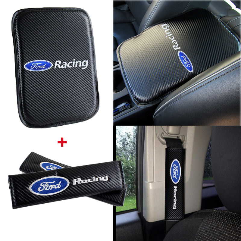 Carbon Fiber Look Armrest Cushion Pad & Seat Belt Cover Set For Ford Focus ST