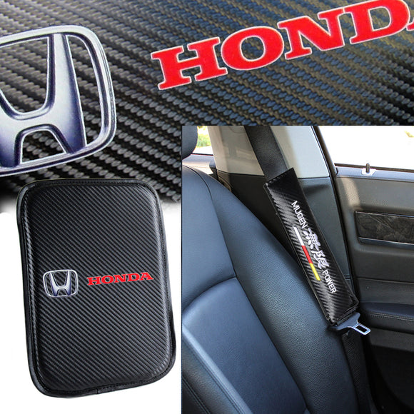 Honda Mugen Set Car Center Console Armrest Cushion Mat Pad Cover with Seat Belt Cover Set