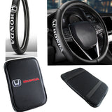 HONDA Set Black 15" Diameter Car Auto Steering Wheel Cover Quality Leather with Center Console Armrest Cushion Mat Pad Cover