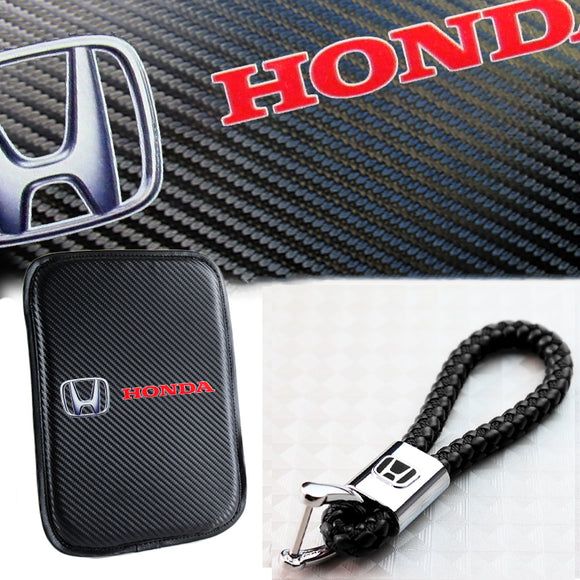 For HONDA Racing Car Center Console Armrest Cushion Mat Pad Cover & Black Leather Keychain Set