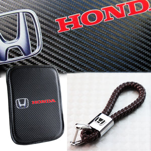 For HONDA Racing Car Center Console Armrest Cushion Mat Pad Cover & Brown Leather Keychain Set