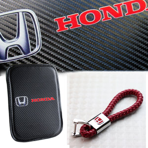 For HONDA Racing Car Center Console Armrest Cushion Mat Pad Cover with Red Leather Keychain Set