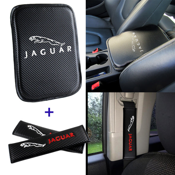 Jaguar Set of Carbon Fiber Look Embroidered Armrest Cushion & Seat Belt Cover