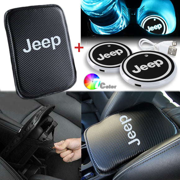 Jeep Set Carbon Fiber Car Center Armrest Cushion Mat Pad with Cup Coaster Combo