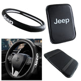 JEEP Set Black 15" Diameter Car Auto Steering Wheel Cover Quality Leather with Center Console Armrest Cushion Mat Pad Cover