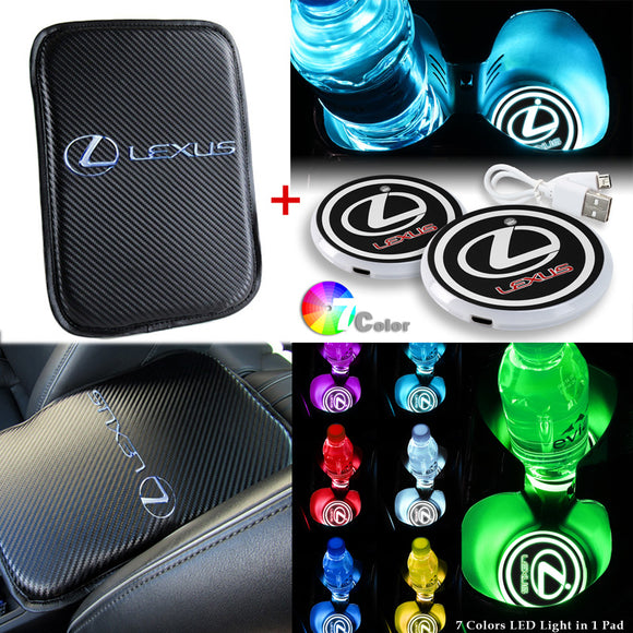 Lexus Carbon Fiber Look Car Center Console Armrest Cushion Mat Pad Cover with LED Coasters Combo Set