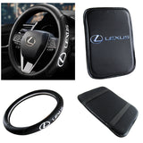 LEXUS Set Black 15" Diameter Car Auto Steering Wheel Cover Quality Leather with Center Console Armrest Cushion Mat Pad Cover