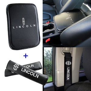 Lincoln Set of Carbon Fiber Look Embroidered Armrest Cushion & Seat Belt Cover