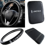 LINCOLN Set Black 15" Diameter Car Auto Steering Wheel Cover Quality Leather with Center Console Armrest Cushion Mat Pad Cover