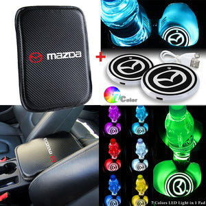 Mazda MazdaSpeed Car Center Console Armrest Cushion Mat Pad Cover Stitched Embroidery Logo with LED Cup Coaster Set