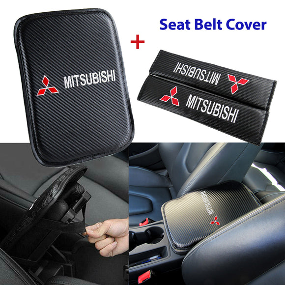 MITSUBISHI Set Embroidered Armrest Cushion with Seat Belt Cover Carbon Fiber Look Center Console Cover Pad Mat