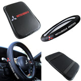 MITSUBISHI Set Black 15" Diameter Car Auto Steering Wheel Cover Quality Leather with Center Console Armrest Cushion Mat Pad Cover