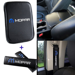 MOPAR Embroidered Armrest Cushion with Seat Belt Cover Set Carbon Fiber Look Center Console Cover Pad Mat
