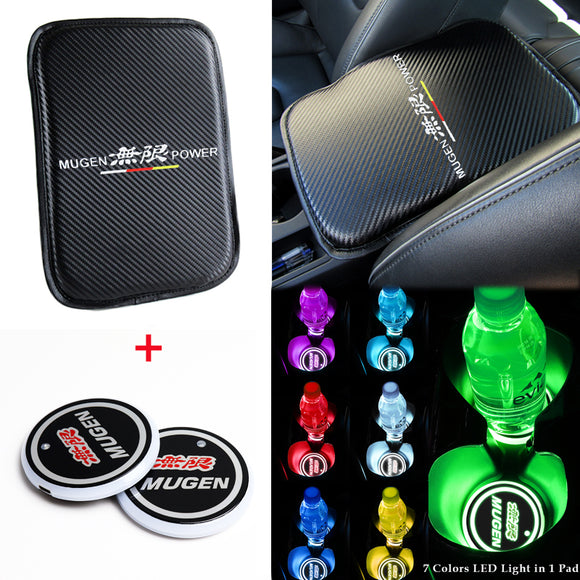 Mugen Car Center Console Armrest Cushion Mat Pad Cover Stitched Embroidery Logo with LED Cup Coaster Set