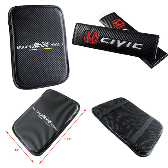 Mugen CIVIC Set Car Center Console Armrest Cushion Mat Pad Cover with Seat Belt Cover Set