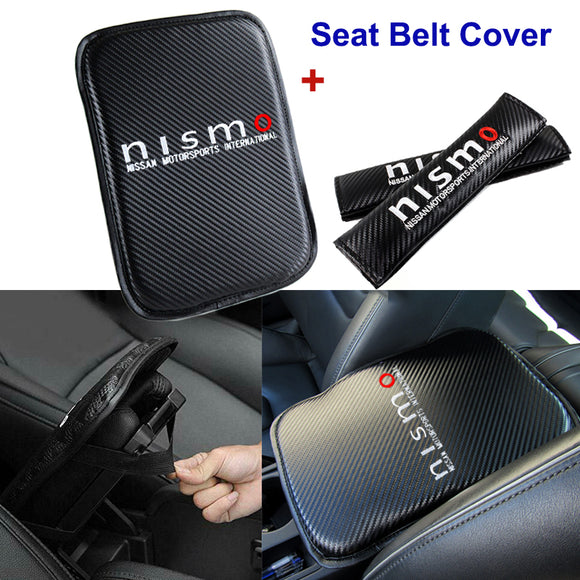 NISMO Embroidered Armrest Cushion with Seat Belt Cover Set Carbon Fiber Look Center Console Cover Pad Mat