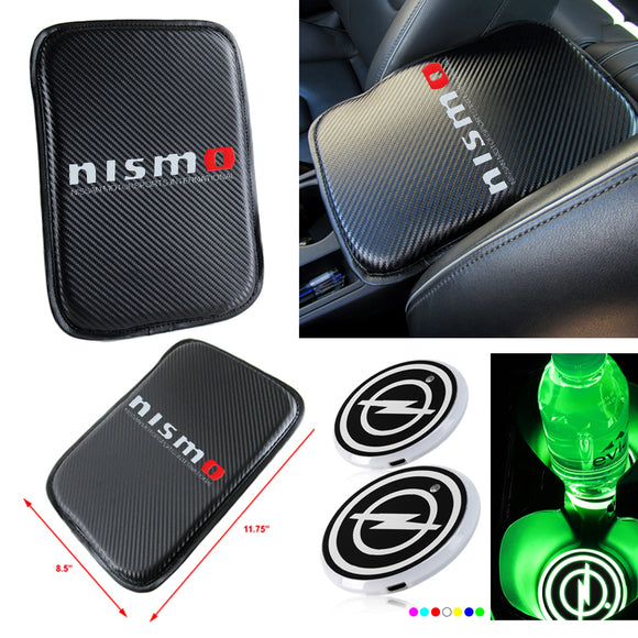 NISSAN 350Z Nismo Carbon Fiber Look Car Center Console Armrest Cushion Mat Pad Cover with LED Coasters Combo Set