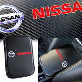 NISSAN Set Black 15" Diameter Car Auto Steering Wheel Cover Quality Leather with Center Console Armrest Cushion Mat Pad Cover