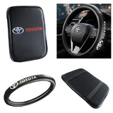 NEW TOYOTA Set Black 15" Diameter Car Auto Steering Wheel Cover Quality Leather with Center Console Armrest Cushion Mat Pad Cover