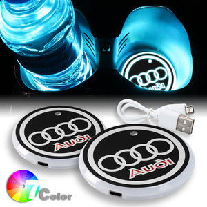 For AUDI Switchable 7 Color LED Cup Holder Car Button Mat Atmosphere Light 2PCS
