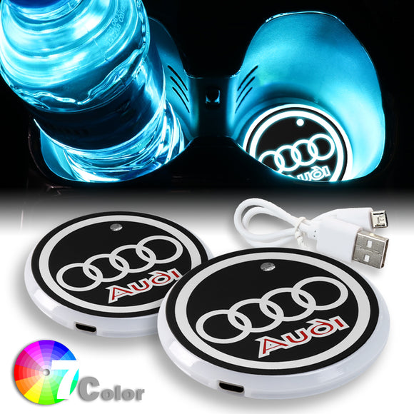 For AUDI Switchable 7 Color LED Cup Holder Car Button Mat Atmosphere Light 2PCS