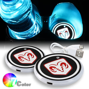 For DODGE Switchable 7 Color LED Cup Holder Car Button Mat Atmosphere Light 2PCS
