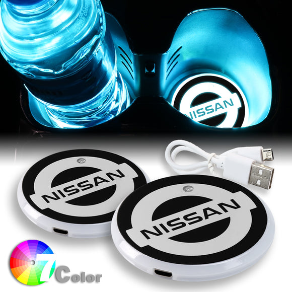 For NISSAN Switchable 7 Color LED Cup Holder Car Button Mat Atmosphere Light 2PCS