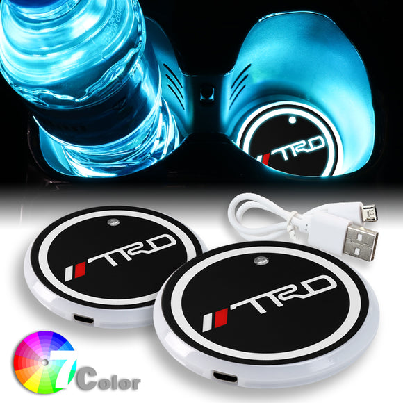 For TRD Switchable 7 Color LED Cup Holder Car Button Mat Atmosphere Light 2PCS