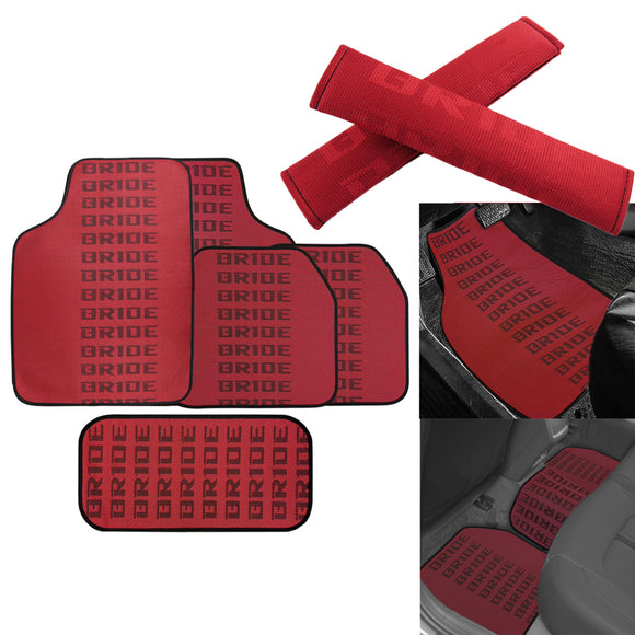 Universal JDM Bride Racing Set of Red/Black 5PCS Hybrid Fabric Floor Mats with Seat Belt Covers