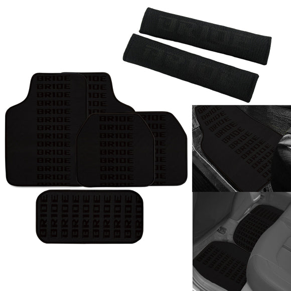 Universal JDM Bride Racing Set of Black 5PCS Hybrid Fabric Floor Mats with Seat Belt Covers
