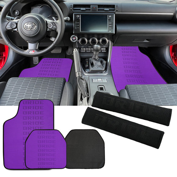 Universal JDM Bride Racing Set of Purple 5PCS Hybrid Fabric Floor Mats with Seat Belt Covers