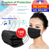 100 PCS Face Mask Non Medical Surgical Disposable 3Ply Earloop Mouth Cover - Black (with Box)
