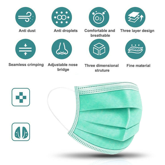 100 PCS Face Mask Non Medical Surgical Disposable 3Ply Earloop Mouth Cover - Green (with Box)