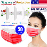 50 PCS Face Mask Non Medical Surgical Disposable 3Ply Earloop Mouth Cover - Red (with Box)