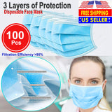 100 PCS Face Mask Non Medical Surgical Disposable 3Ply Earloop Mouth Cover - Blue (with Box)