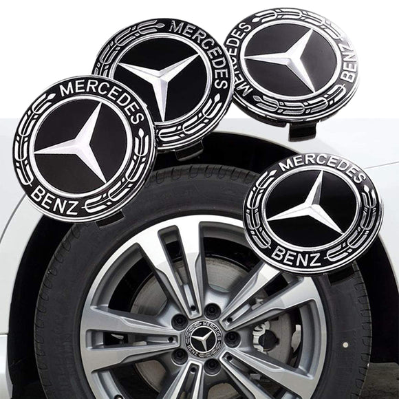 4 PCS Mercedes-Benz Classic Black Wheel Center Hub Caps Emblem 75MM Laurel Wreath
