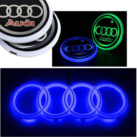 Audi LED Set Chrome Front Grille Emblem Blue LED Light for A1 A3 A4 A5 A6 A7 Q3 Q5 (28CM) with LED Cup Coaster