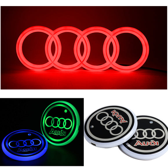 Audi LED Set Chrome Front Grille Emblem Red LED Light for A1 A3 A4 A5 A6 A7 Q3 Q5 Q7 (27CM) with LED Cup Coaster