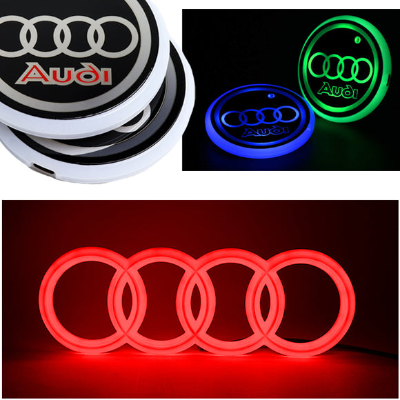 Audi LED Set Chrome Front Grille Emblem Red LED Light for A1 A3 A4 A5 A6 A7 Q3 Q5 (28CM) with LED Cup Coaster