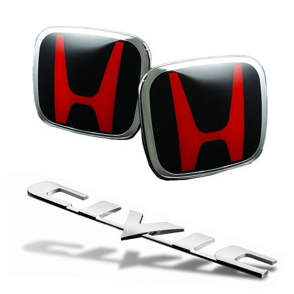 3 PCS Set For 06-11 HONDA CIVIC COUPE Red/Black JDM H Front & Rear Emblems with Civic Rear Chrome Emblem