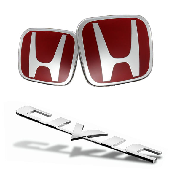 3 PCS Set For 06-11 HONDA CIVIC COUPE Red JDM H Front & Rear Emblems with Civic Rear Chrome Emblem
