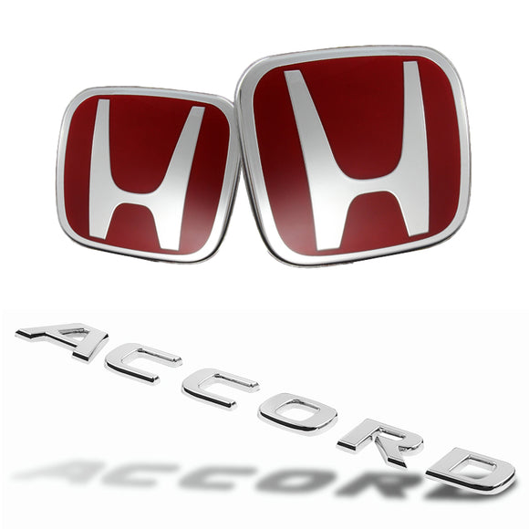 3PCS JDM Honda Set Red H Front and Rear Badge with Chrome ACCORD Emblem For 2018 - 2019 SEDAN 4DR NEW