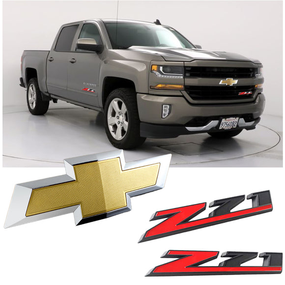 3 pcs Set 2016-2019 Chevy Silverado 1500 Gold Front Bow tie Emblem with Z71 Red/Black Badge Logo