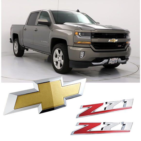 3 pcs Set 2016-2019 Chevy Silverado 1500 Gold Front Bow tie Emblem with Z71 Red/Chrome Badge Logo