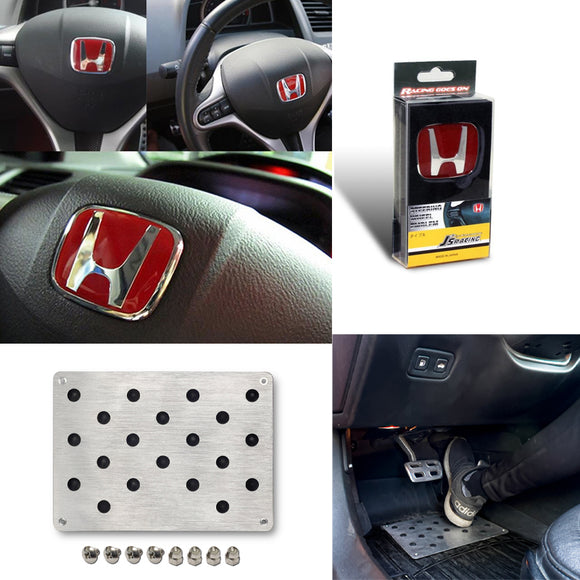 JDM Honda Set Red H Emblem For Steering Wheel 54mm x 43mm with Universal Aluminum Anti Skid Floor Mat Carpet Rest Pedal Pad Cover