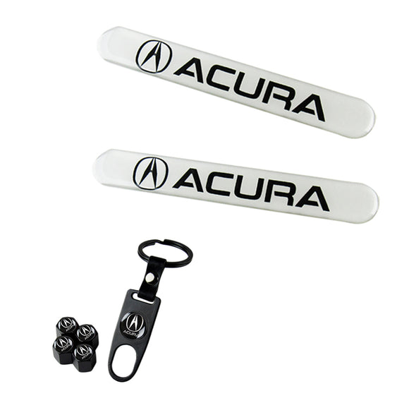 ACURA LOGO Set White Emblems with Black Keychain Wheel Tire Valves Air Caps - US SELLER